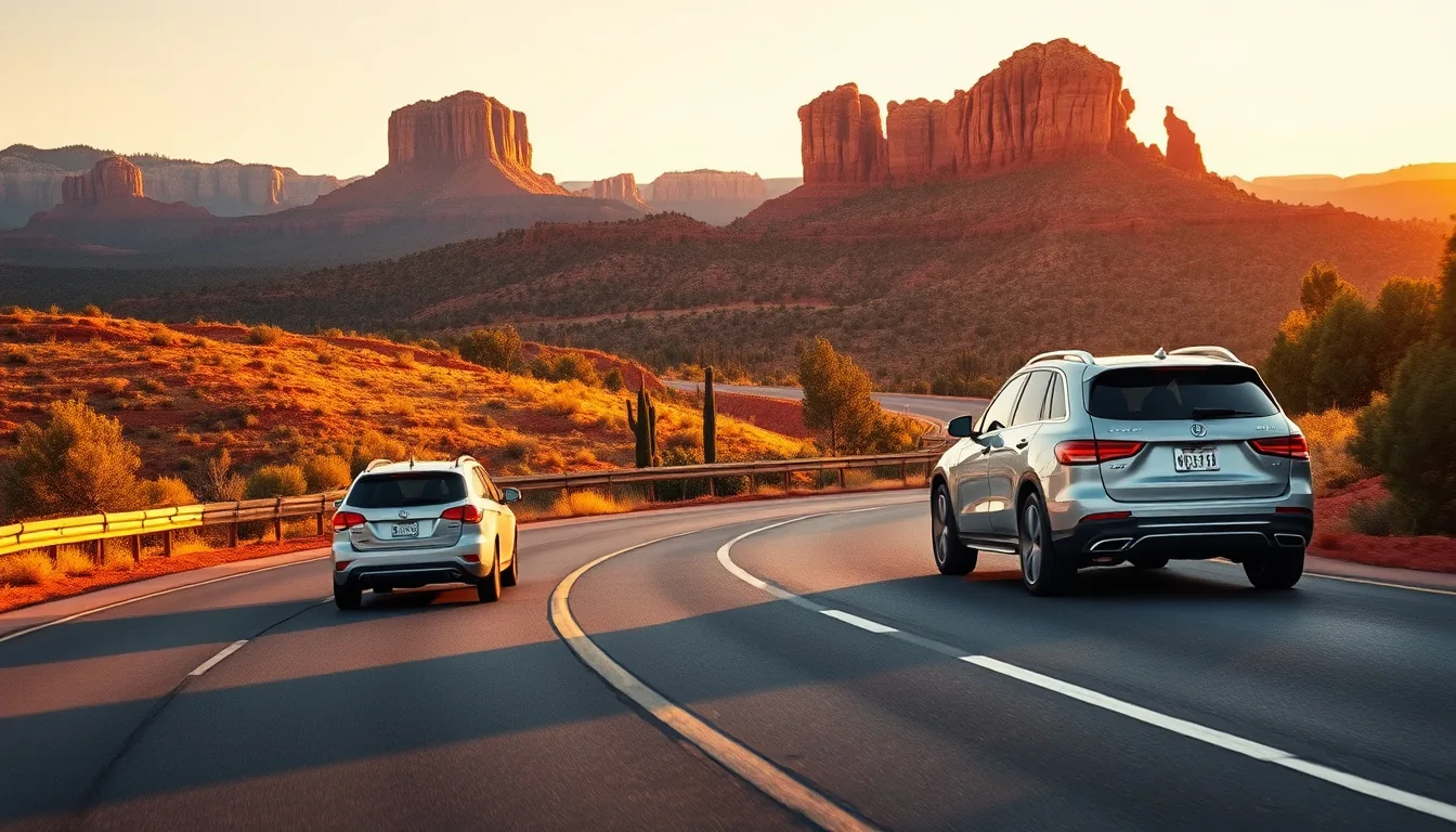Car driving a winding red-rock road near Sedona, Arizona with sandstone formations in the background