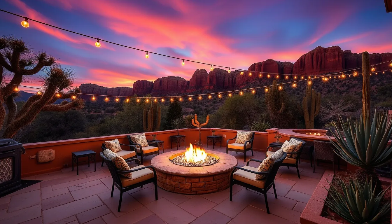 Sedona vacation rental patio at dusk with red rock views