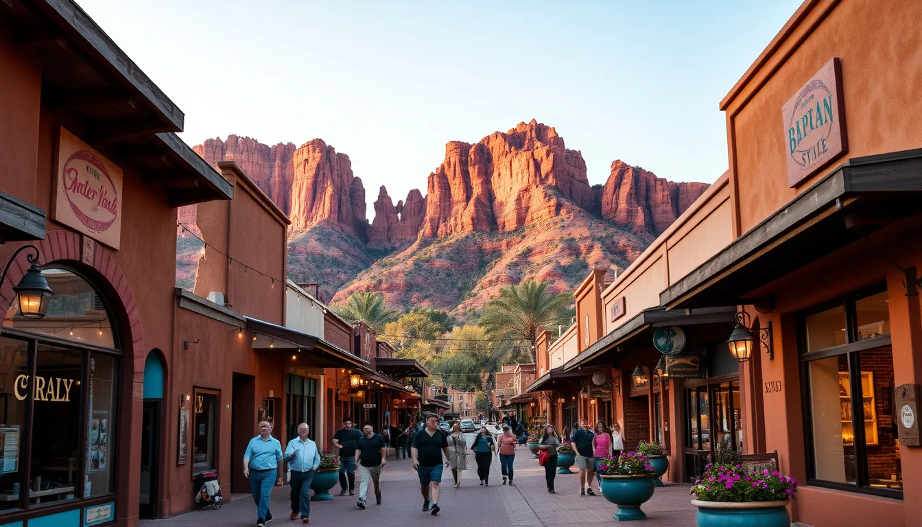 Uptown Sedona main street with southwest storefronts and red rock formations rising behind