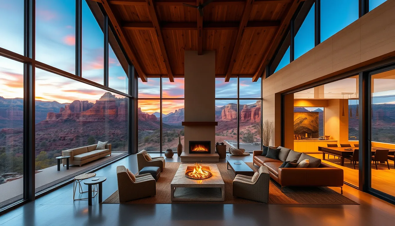 Luxury Sedona home interior with floor-to-ceiling glass wall framing a red rock canyon view at sunset