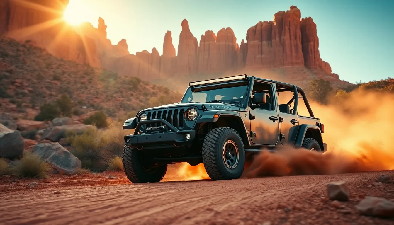 Open-air tour jeep on a red rock trail near Sedona kicking up trail dust