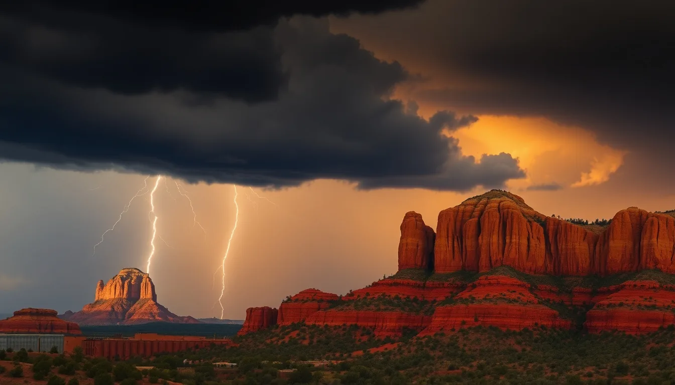 Monsoon thunderstorm building over Sedona red rocks