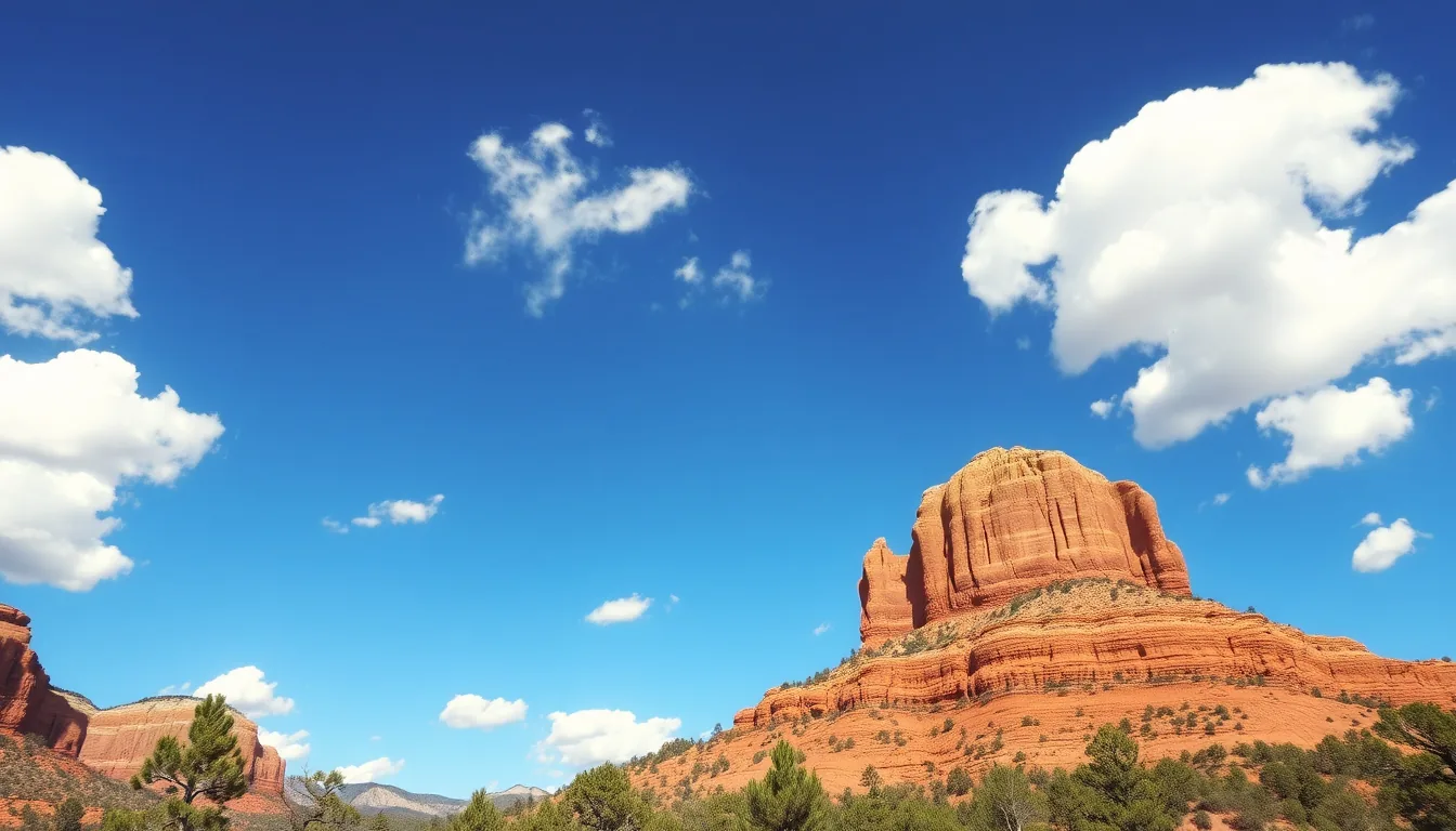 Courthouse Butte and Bell Rock under blue sky in Sedona, Arizona