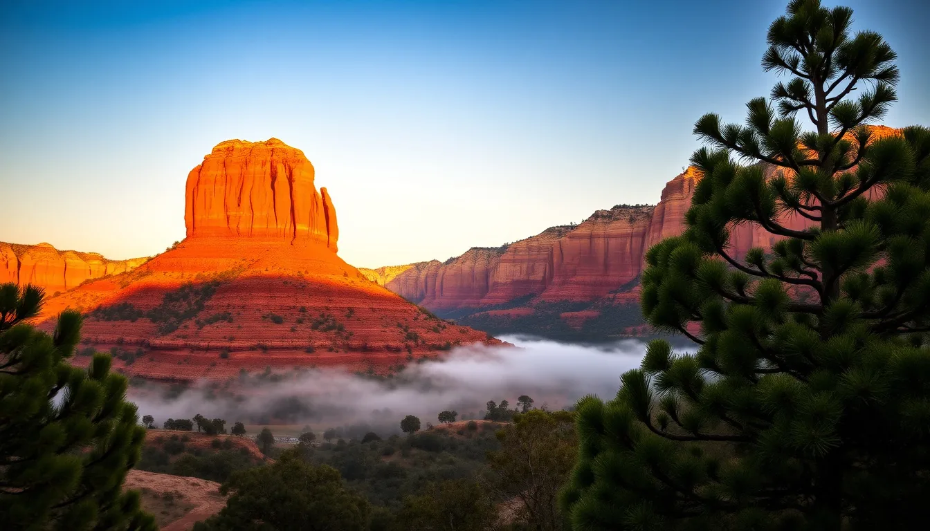 Bell Rock formation in Sedona glowing orange at dawn