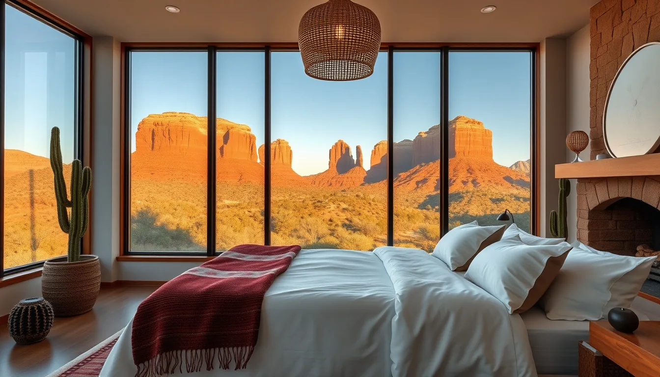 Luxury Sedona vacation rental bedroom with a window wall showcasing a red rock butte view at sunrise